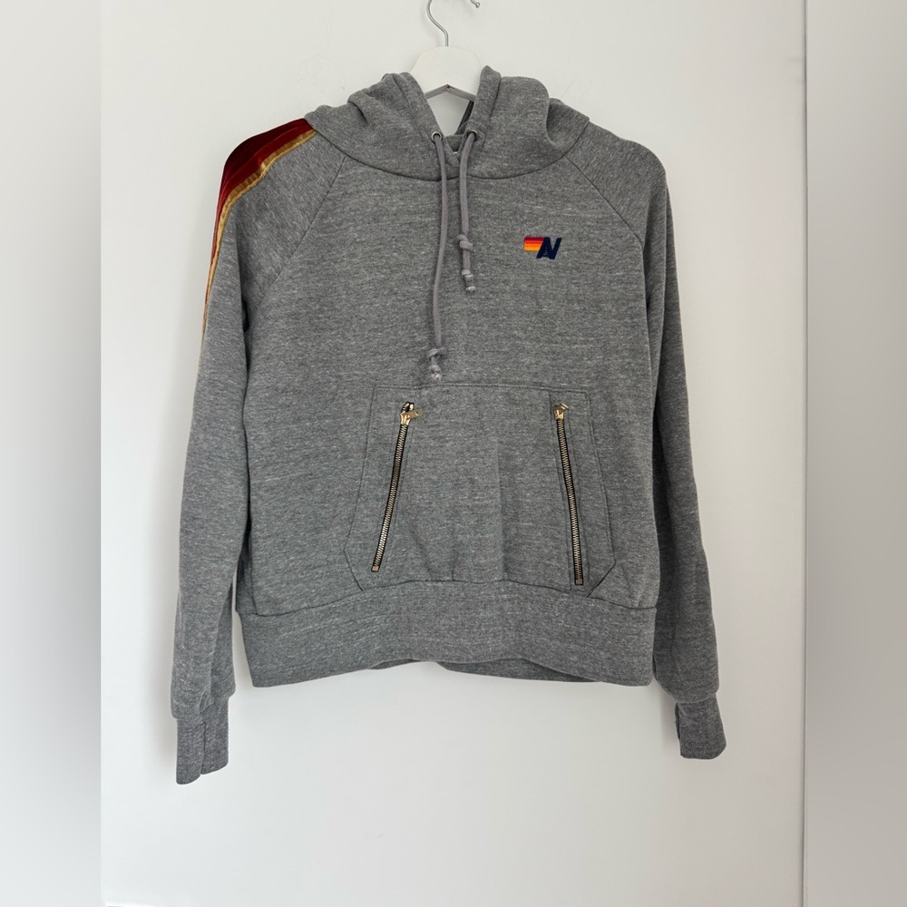 Aviator Nation XS Gray Pullover Hoodie Velvet Stripes - Picture 4 of 8